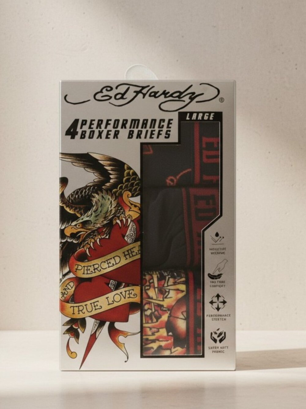 ED HARDY 4 Pack Men's Size LARGE Boxer Briefs Tattoo Art Underwear Waist 36-38